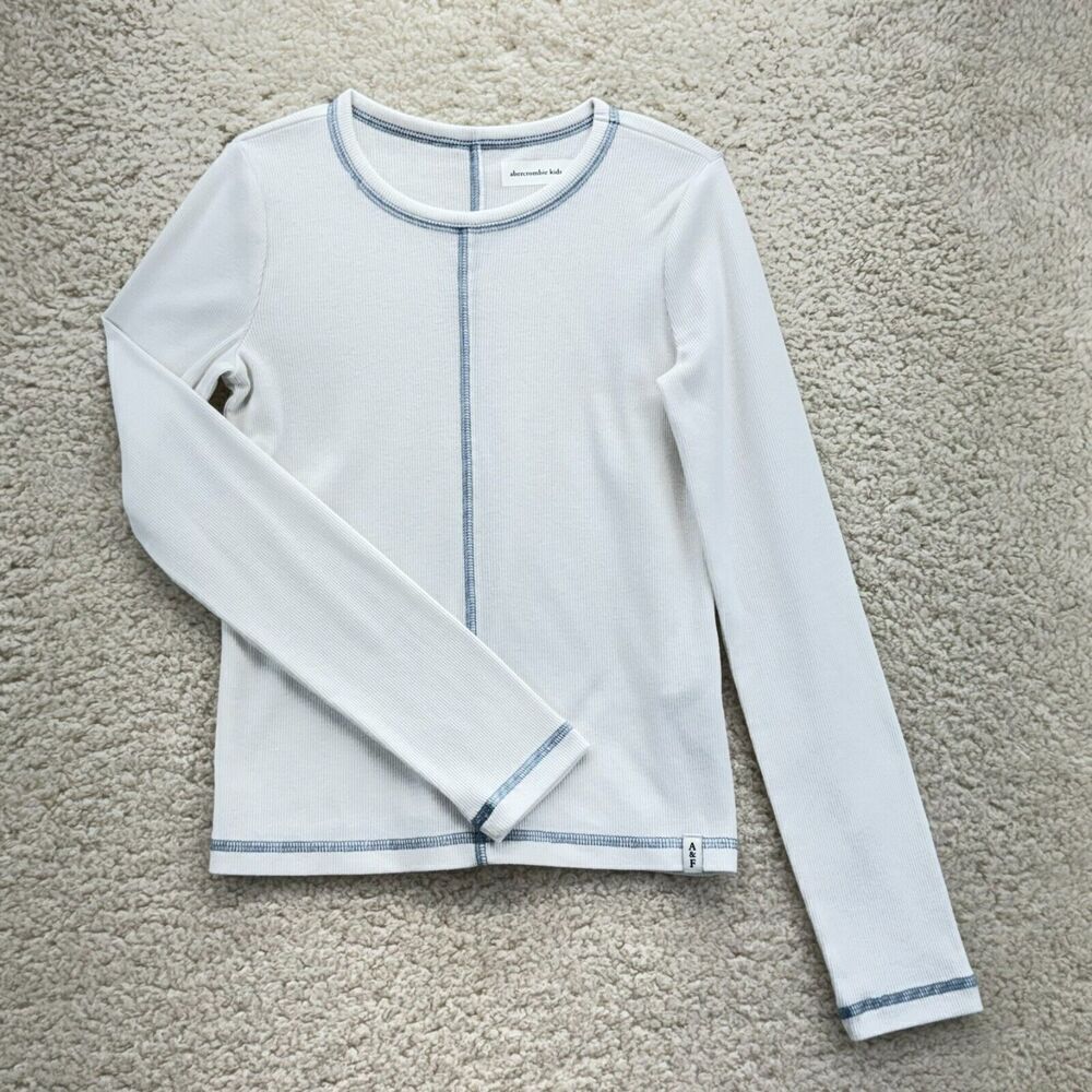 Abercrombie Kids White T-Shirt Crew Neck 9/10 Long Sleeve Logo Basic Stretch